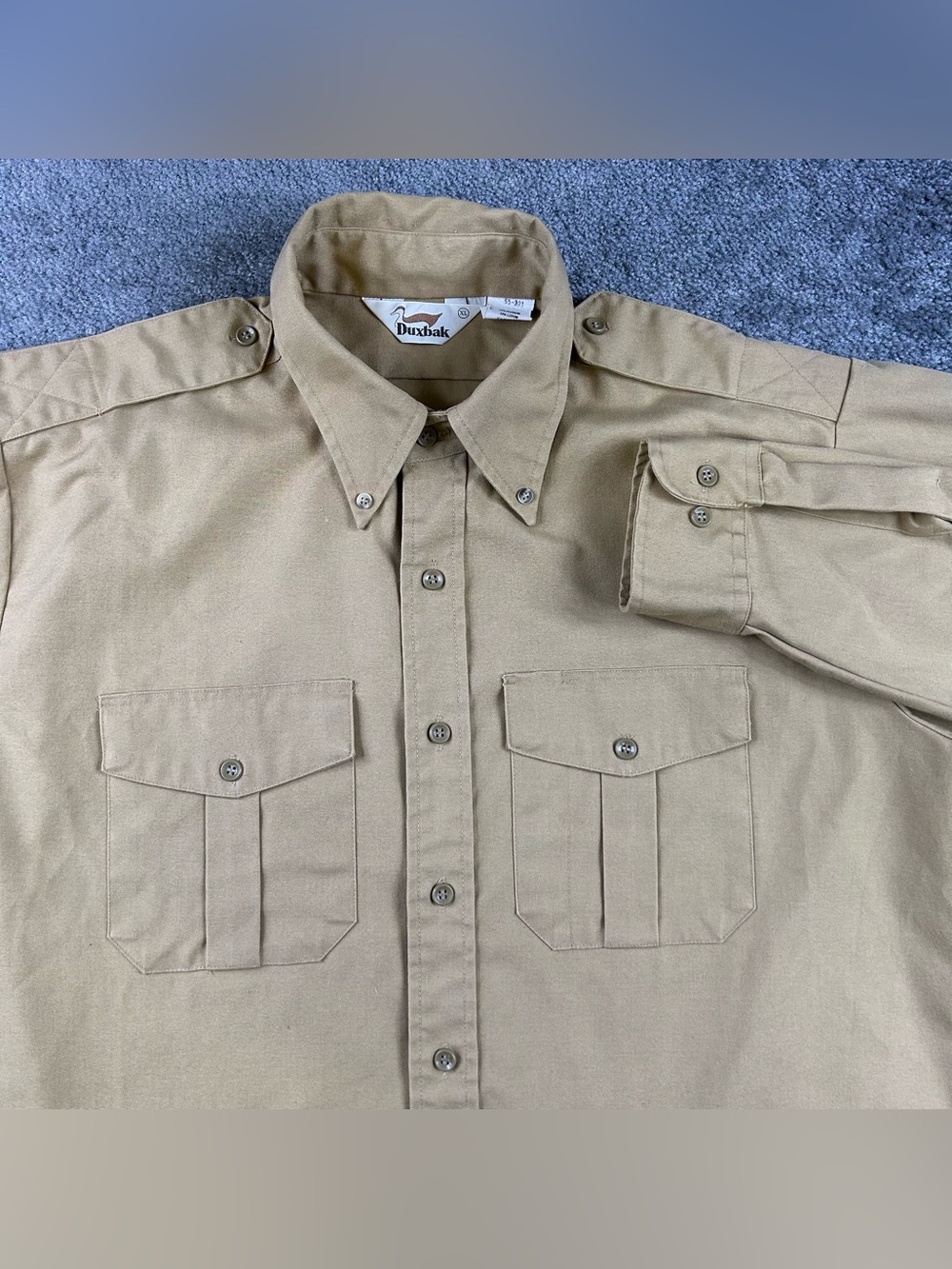 Duxbak Canvas Hunting Shirt Mens XL Tan Beige Deer Duck Button Up Vintage Safari